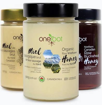One Honey raw wildflower and buckwheat honey jars