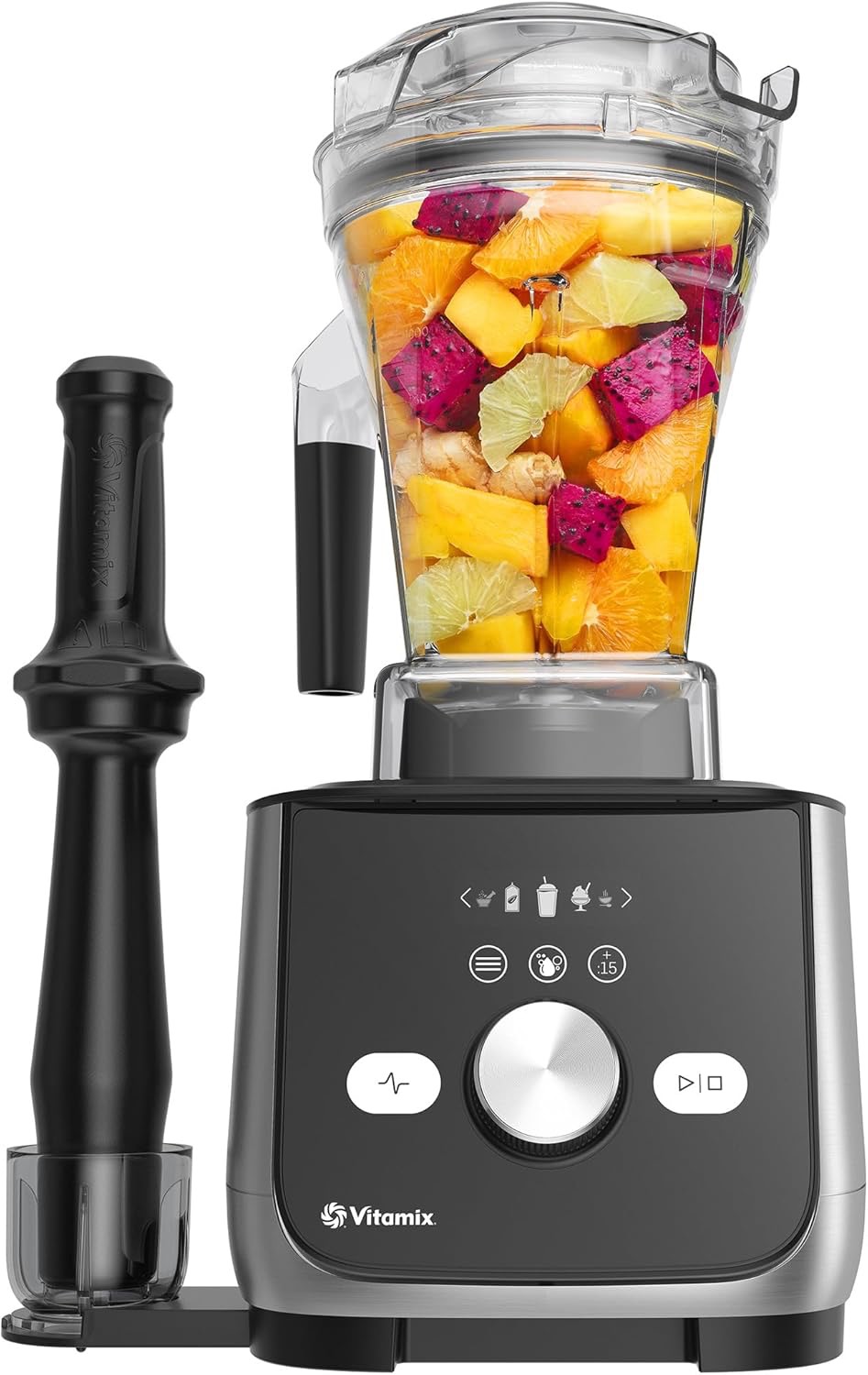 Vitamix blender with fresh fruit — stainless steel container option